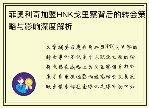 菲奥利奇加盟HNK戈里察背后的转会策略与影响深度解析